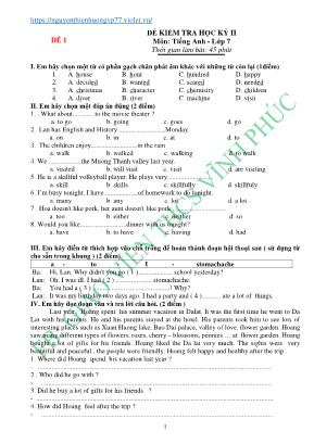 5 Đề kiểm tra học kỳ II môn Tiếng Anh Lớp 7 - Nguyễn Thiên Hương